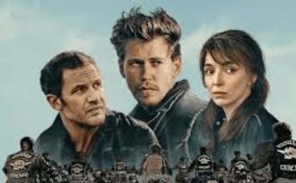 An image of two men and one woman all wearing motorcycle jackets and in the foreground, a graphic of lots of people riding motorcycles with their backs to the viewer